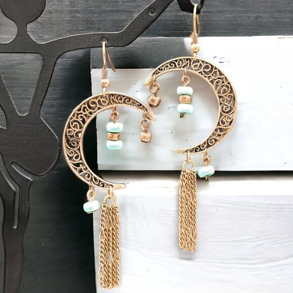 Crescent Moon Filigree Boho Earrings - Picture 3 of 5